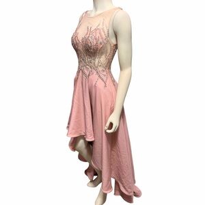 Terani Couture Coral Pink Beaded High Low Evening Gown Size 4 Illusion Bodice